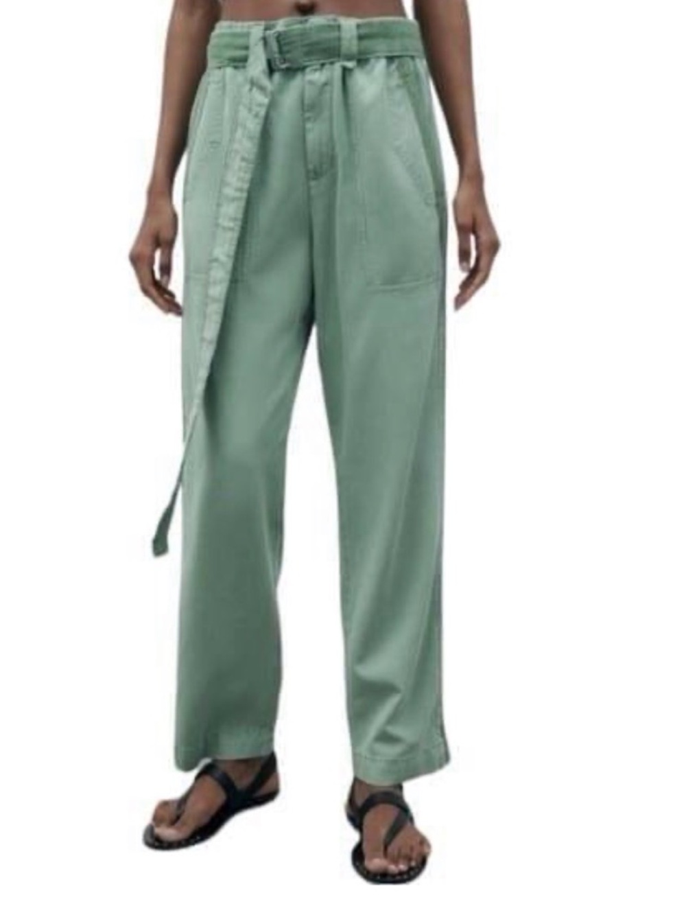 Zara Green High-Waist Tie-Belt Trousers size XL